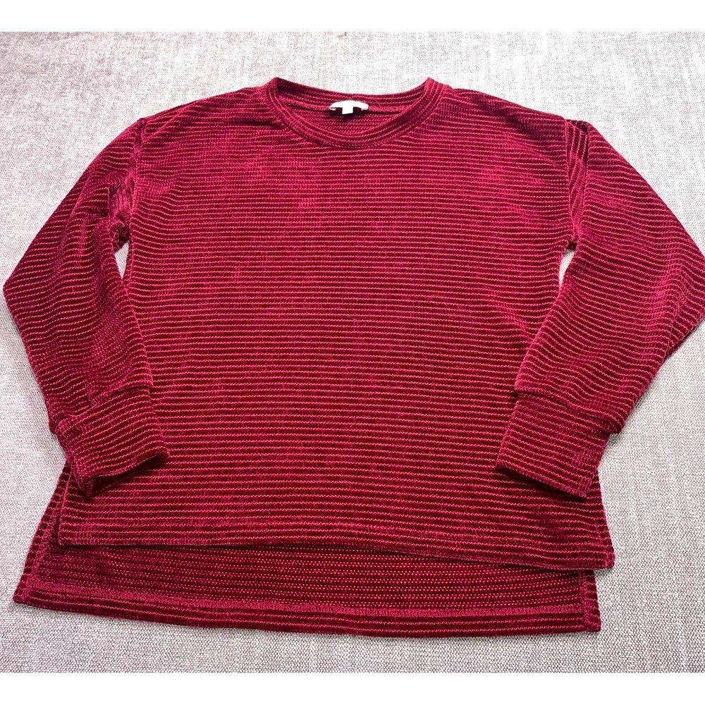 Chenault Sweater Womens Red Luxe Chenille Rib Knit Side Slits High Low Hem Chic